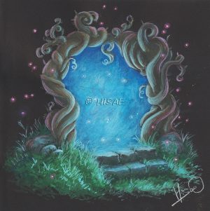 Gouache originale rehaussée de crayons de couleurs représentant un portail magique formé par des troncs tordus et épineux @Ysae illustrations