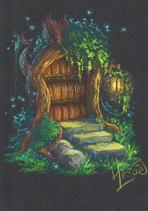 Gouache originale avec rehauts de crayons de couleur représentant la porte des fées, une petite porte cachée dans la forêt @Ysae illustrations