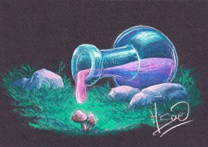 Dessin original à la gouache avec rehauts de crayons de couleurs représentant une potion magique dont une goutte est prête à tomber sur de touts petits champignons @Ysae illustrations