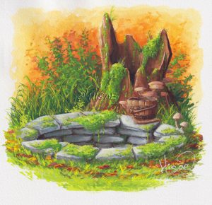 Gouache originale représentant un puits caché, secret, perdu dans la nature @Ysae illustrations