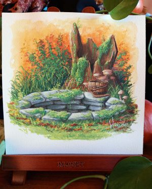 Gouache originale présentée sur chevalet représentant un puits caché, secret, perdu dans la nature @Ysae illustrations