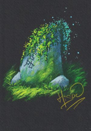 Dessin original à la gouache représentant un tumulus (une pierre dressée) sur laquelle son gravée d'étranges runes @Ysae illustrations