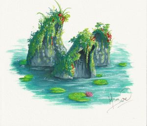 Dessin original à la gouache représentant une statue d'ange encapuchonnée noyée et sur laquelle la nature a repoussé @Ysae illustrations