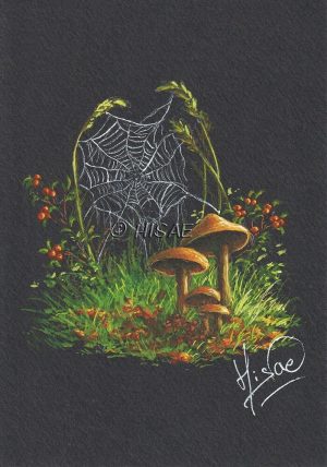 Dessin original à la gouache représentant une toile d'araignée tendue entre deux herbes dans un paysage automnal @Ysae illustrations