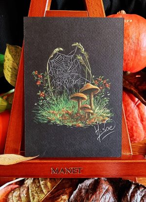 Dessin original à la gouache et présenté sur chevalet représentant une toile d'araignée tendue entre deux herbes dans un paysage automnal @Ysae illustrations