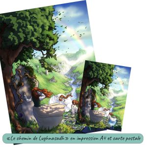 Dessin numérique version carte postale et affiche représentant trois jeunes femmes dans la montagne, pendant la fête païenne de Lugnasad (Lammas): l'une regarde au loin, appuyée contre une pierre dressée, une autre danse et la troisième trempe ses pieds dans une source @Ysae illustrations