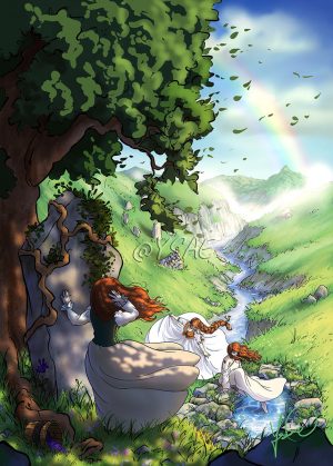 Dessin numérique version carte postale représentant trois jeunes femmes dans la montagne, pendant la fête païenne de Lugnasad (Lammas): l'une regarde au loin, appuyée contre une pierre dressée, une autre danse et la troisième trempe ses pieds dans une source @Ysae illustrations