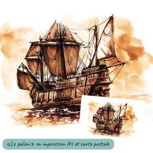 Impression d'un dessin à l'encre ocre et sépia représentant un ancien galion espagnol en mer @Ysae illustrations