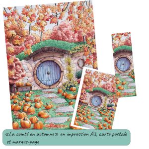 Aquarelle et sa version carte postale et marque-page représentant la devanture d'une maison de Hobbit dans un paysage automnal avec des citrouilles partout ©Ysae illustrations