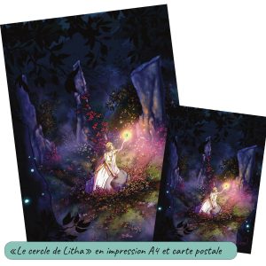 Dessin numérique imprimé et son format carte postale représentant une jeune sorcière en toge blanche assise sur la pierre centrale d'un cercle de pierres dressées, au milieu d'une forêt pour la fête païenne de Litha @Ysae illustrations