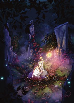 Dessin numérique représentant une jeune sorcière en toge blanche assise sur la pierre centrale d'un cercle de pierres dressées, au milieu d'une forêt pour la fête païenne de Litha @Ysae illustrations