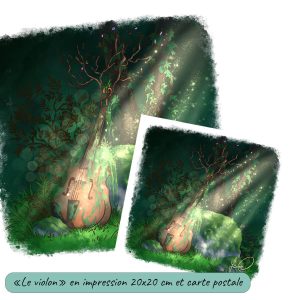 Dessin numérique version affiche et carte postale représentant un violon dans une forêt et dont le bois a recommencé à pousser et fleurir @Ysae illustrations