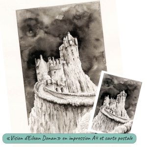 Dessin original à l'encre et sa version carte postale de Chine représentant le château d'Eilean Donan en Ecosse jonchée sur une falaise ©Ysae illustrations