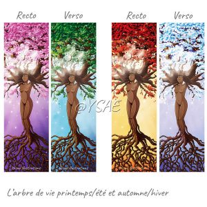 Marque-pages illustrés représentant la femme arbre-monde, arbre de vie au printemps, en été, en automne et en hiver ©Ysae illustrations