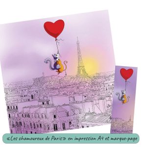 Dessin numérique imprimé et sa version marque-page représentant deux amoureux accrochés à un ballon en forme de coeur survolant Paris et la tour Eiffel @Ysae illustrations