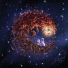 Dessin numérique format carte postale représentant un arbre au feuillage d'automne en forme de croissant de lune, flottant dans les étoiles. Sur le tronc, un chat regarde une lanterne accrochée à ses branches @Ysae illustrations