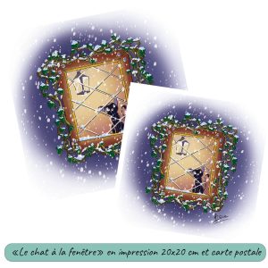 Impression format carte postale et grand format d'un dessin numérique représentant un chat à une fenêtre regardant la neige tomber ©Ysae illustrations