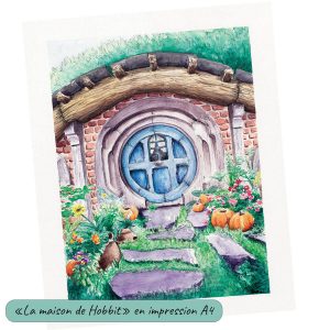 Impression d'un dessin à l'aquarelle représentant une façade de maison de Hobbit du Seigneur des Anneaux avec sa porte ronde @Ysae illustrations