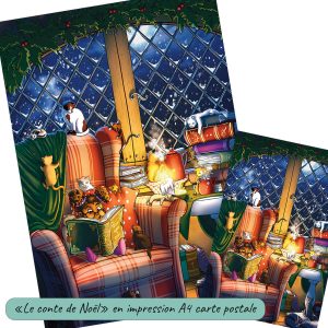 Dessin numérique représentant une petite fille faisant la lecture à plein de chatons la lumière d'une bougie, en format A4 et carte postale @Ysae illustrations