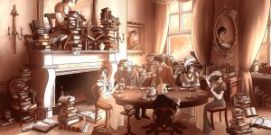 Dessin numérique version affiche dans les couleurs sepia qui représente une scène dans l'Angleterre de la période Régence: Des personnes de la noblesse et haute société anglaise prennent le thé dans un salon chargé de livre. Les personnages semblent étonnés ou dégoûtés de cet amas de livre sauf la propriétaire, qui ressemble à Jane Austen @Ysae illustrations