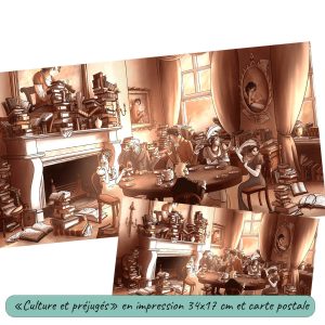 Dessin numérique version affiche et carte postale dans les couleurs sepia qui représente une scène dans l'Angleterre de la période Régence: Des personnes de la noblesse et haute société anglaise prennent le thé dans un salon chargé de livre. Les personnages semblent étonnés ou dégoûtés de cet amas de livre sauf la propriétaire, qui ressemble à Jane Austen @Ysae illustrations