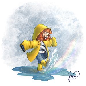 Dessin numérique version affiche représentant une petite fille en bottes et ciré qui joue dans les flaques @Ysae illustrations
