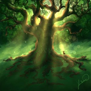 Dessin numérique version affiche représentant une toute petite silhouette qui danse sou un arbre immense dans une lumière dorée @Ysae illustrations