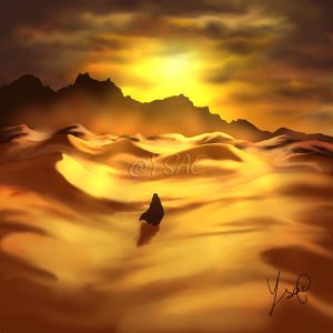 Dessin numérique version affiche dans les tons jaunes et orangés représentant une silhouette encapuchonnée qui marche dans les dunes du désert @Ysae illustrations