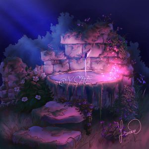 Dessin numérique version affiche représentant une fontaine incrustée dans des ruines où pousse une plante magique à la lumière rose qui irradie @Ysae illustrations