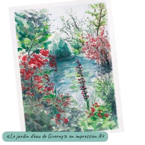 Impression d'un dessin à l'aquarelle représentant le jardin d'eau de Giverny réalisé par le peintre impressionniste Claude Monet @Ysae illustrations