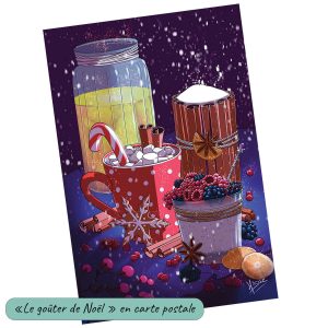 Dessin numérique format carte de voeux représentant un goûter de Noël avec chocolat chaud, gâteau secs, framboises, mûres, orangeade et cannelle @Ysae illustrations