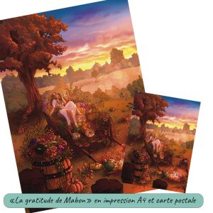 Dessin numérique version carte postale et affiche représentant une jeune sorcière croquant une pomme, assise dans une charrette remplie de fruits et de légumes, dans un paysage de campagne, au coucher du soleil, pendant la fête païenne de Mabon @Ysae illustrations