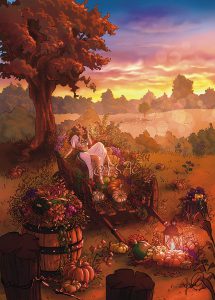Dessin numérique version carte postale représentant une jeune sorcière croquant une pomme, assise dans une charrette remplie de fruits et de légumes, dans un paysage de campagne, au coucher du soleil, pendant la fête païenne de Mabon @Ysae illustrations