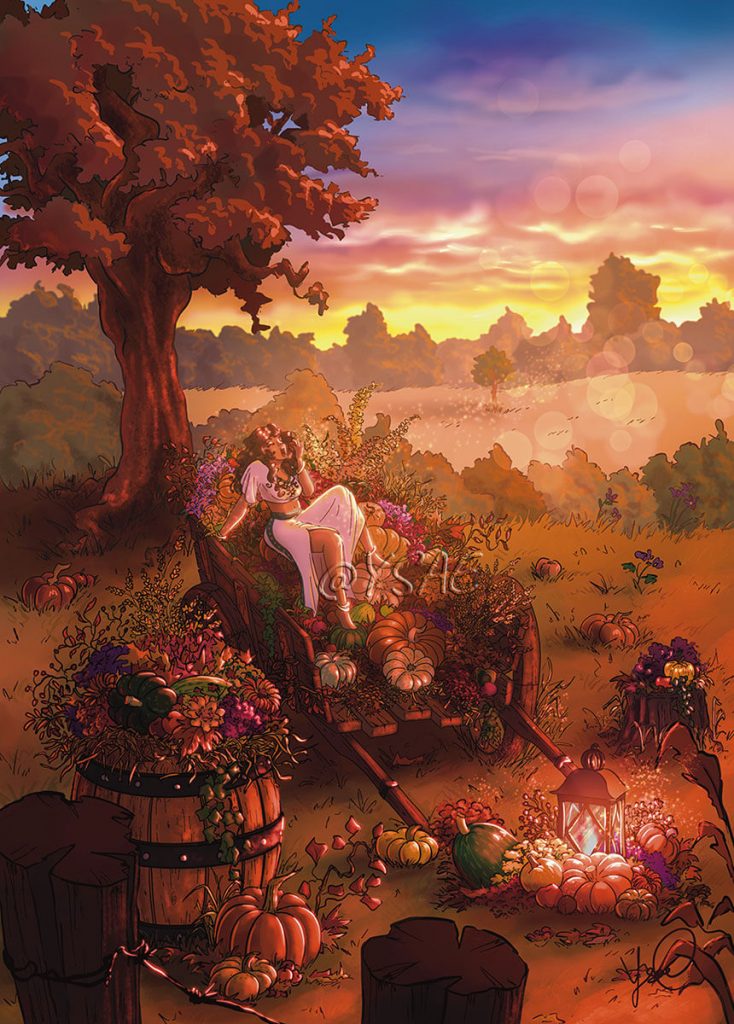 Dessin numérique version carte postale représentant une jeune sorcière croquant une pomme, assise dans une charrette remplie de fruits et de légumes, dans un paysage de campagne, au coucher du soleil, pendant la fête païenne de Mabon @Ysae illustrations