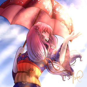 Dessin numérique version affiche représentant une jeune fille japonaise habillée en kimono et abritée sous une ombrelle qui profite d'un rayon de soleil @Ysae illustrations
