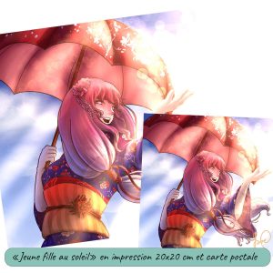 Dessin numérique version affiche et carte postale représentant une jeune fille japonaise habillée en kimono et abritée sous une ombrelle qui profite d'un rayon de soleil @Ysae illustrations