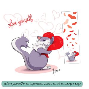 Impression carrée et en marque-page d'un dessin numérique représentant un petit chat gris et blanc serrant un énorme cœur contre lui @Ysae illustrations