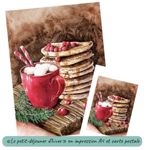 Impression format carte postale et A4 d'une aquarelle originale représentant une tasse de chocolat chaud avec des marshmallows accompagnée d'une pile de pancakes ©Ysae illustrations
