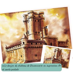 Impression d'un dessin à l'encre ocre et sépia représentant le donjon du château de Vincennes construit au Moyen Âge @Ysae illustrations