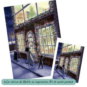 Impression format carte postale et A4 d'un dessin numérique représentant une mère et son enfant devant la vitrine allumée d'un magasin de jouets ©Ysae illustrations