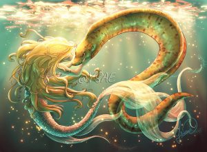 Carte postale illustrée représentant une sirène qui tient affectueusement la tête d'une murène dans ses mains. Leurs corps formes des volutes qui scintille sous le soleil qui brille au dessus de la surface de l'océan @Ysae illustrations
