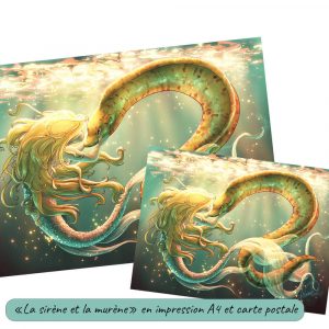 Illustration représentant une sirène qui tient affectueusement la tête d'une murène dans ses mains, déclinée en affiche et carte postale @Ysae illustrations