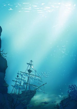 Page de bloc-note illustré représentant un galion noyé au fond de l'océan, les voiles déchirées @ysae illustrations