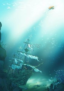 Affiche illustrée représentant un galion noyé au fond de l'océan, les voiles déchirées. On aperçoit une sirène qui fuit le galion, emportant un coffre qui perd ses pièces d'or @ysae illustrations
