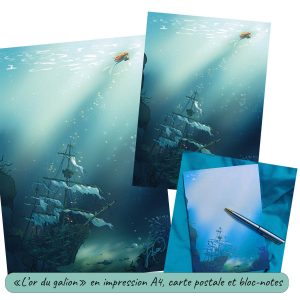 Illustration représentant un galion noyé au fond de l'océan, les voiles déchirées déclinée en affiche, carte postale et bloc-notes @ysae illustrations