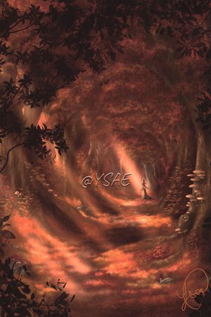 Dessin numérique format carte postale représentant une forêt aux couleurs automnales au fond de laquelle on aperçoit une sorcière qui marche @Ysae illustrations