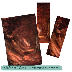 Dessin numérique format carte postale et marque-page représentant une forêt aux couleurs automnales au fond de laquelle on aperçoit une sorcière qui marche @Ysae illustrations