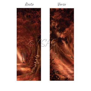 Marque-page illustré recto/verso avec un dessin numérique. Sur le recto, on voit une sorcière qui marche au fond d'une forêt aux couleurs automnale. Sur le verso on voit des détails de cette forêt rougeoyantes @Ysae illustrations