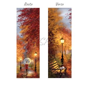 Marque-page illustré recto/verso avec un dessin numérique. Sur le recto, on voit une femme qui s'en va d'un parc où les arbres ont des couleurs automnales. Sur le verso, on voit le livre qu'elle a oublié sur un banc @Ysae illustrations