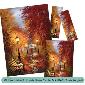Dessin numérique format carte postale, affiche et marque-page, représentant une femme dans un parc où les arbres ont des couleurs automnales, qui part en oubliant un livre sur un banc @Ysae illustrations